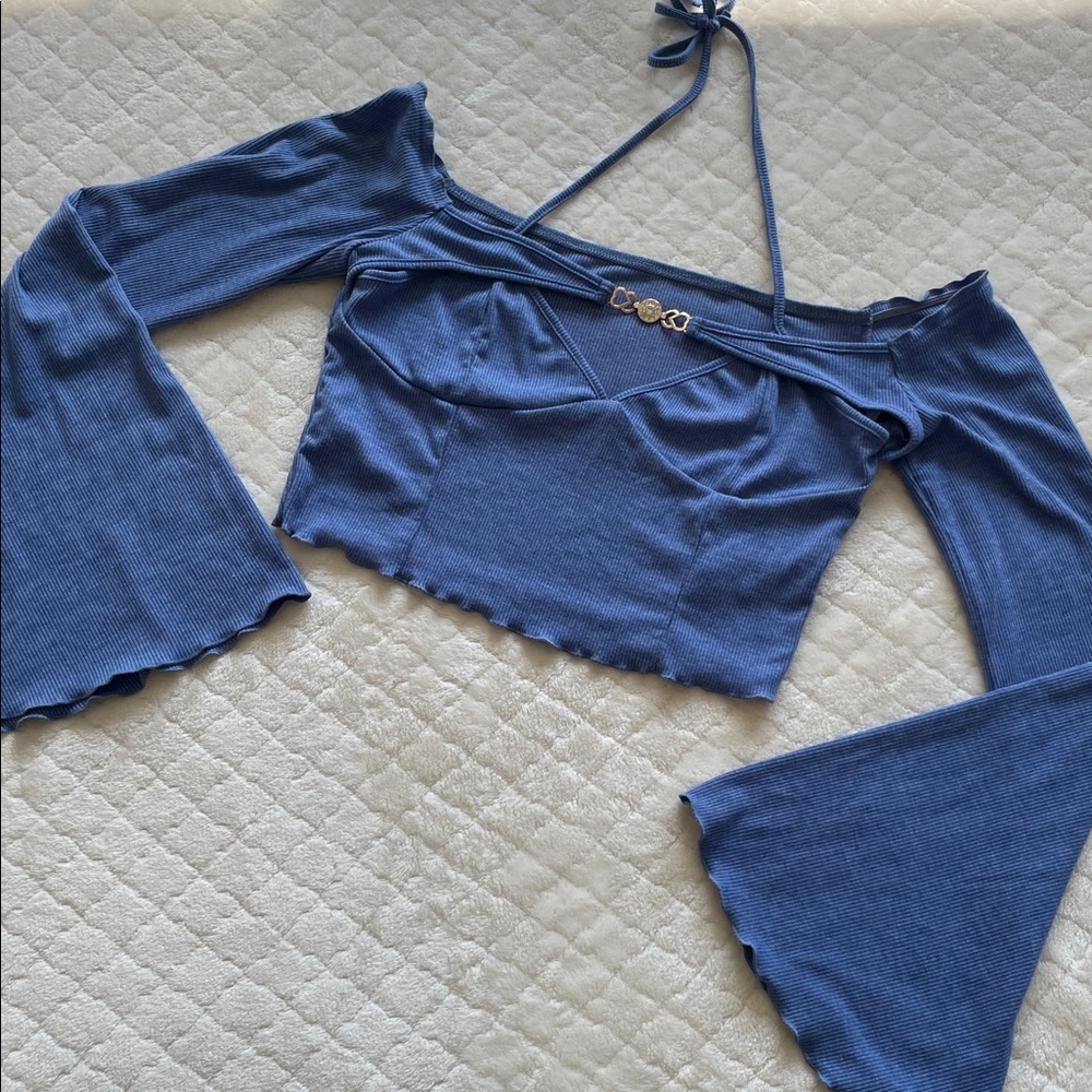 Blue off the shoulder bell sleeve halter crop top| SHEIN | Large |NWOT